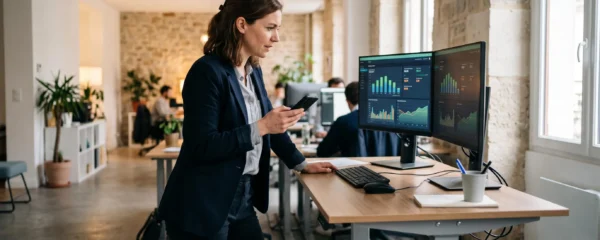 Un analyste marketing compare des tableaux de bord de campagnes publicitaires sur ordinateur avec un smartphone dans un bureau moderne.