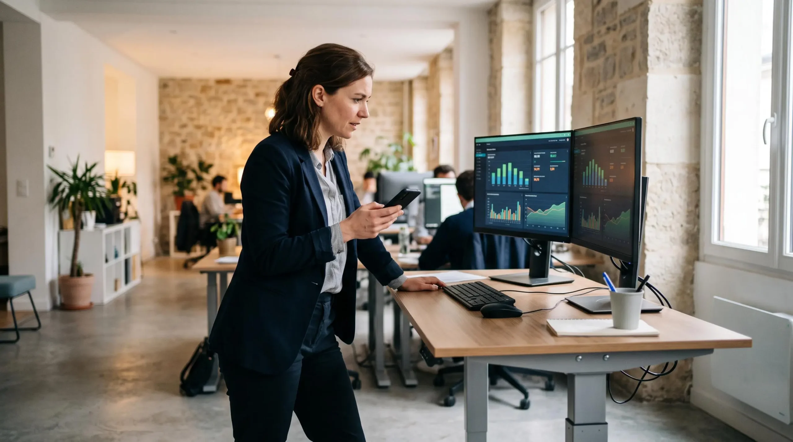 Un analyste marketing compare des tableaux de bord de campagnes publicitaires sur ordinateur avec un smartphone dans un bureau moderne.