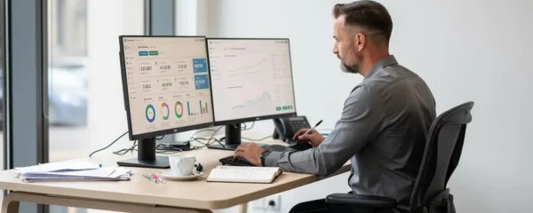 Un consultant en marketing digital compare les performances d'une campagne publicitaire et d'un tableau de bord de trafic organique sur deux écrans dans un bureau.