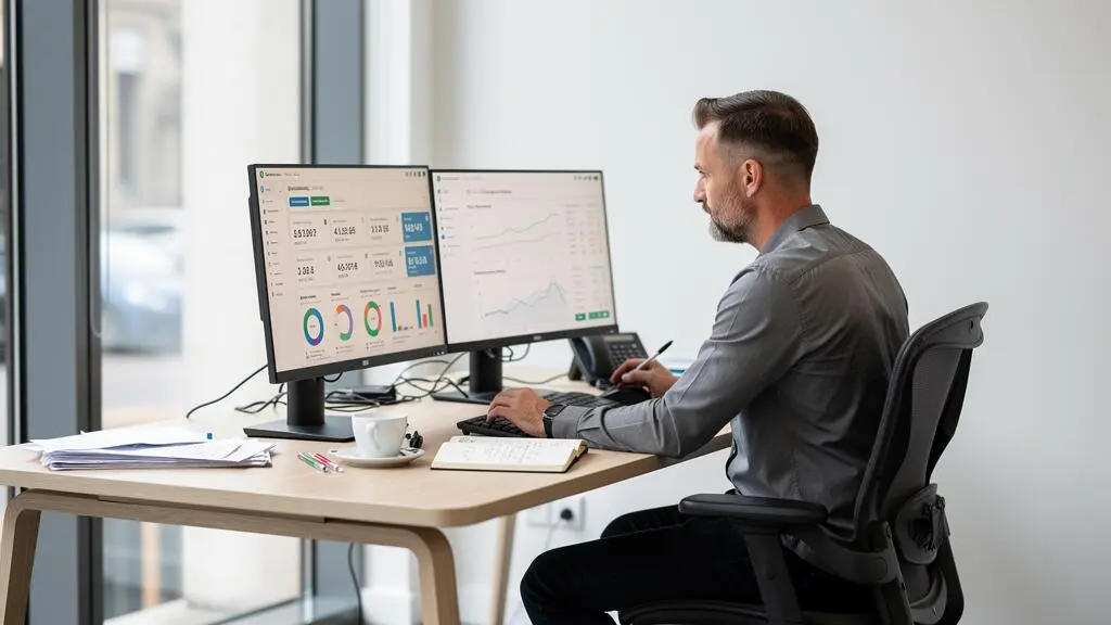 Un consultant en marketing digital compare les performances d'une campagne publicitaire et d'un tableau de bord de trafic organique sur deux écrans dans un bureau.