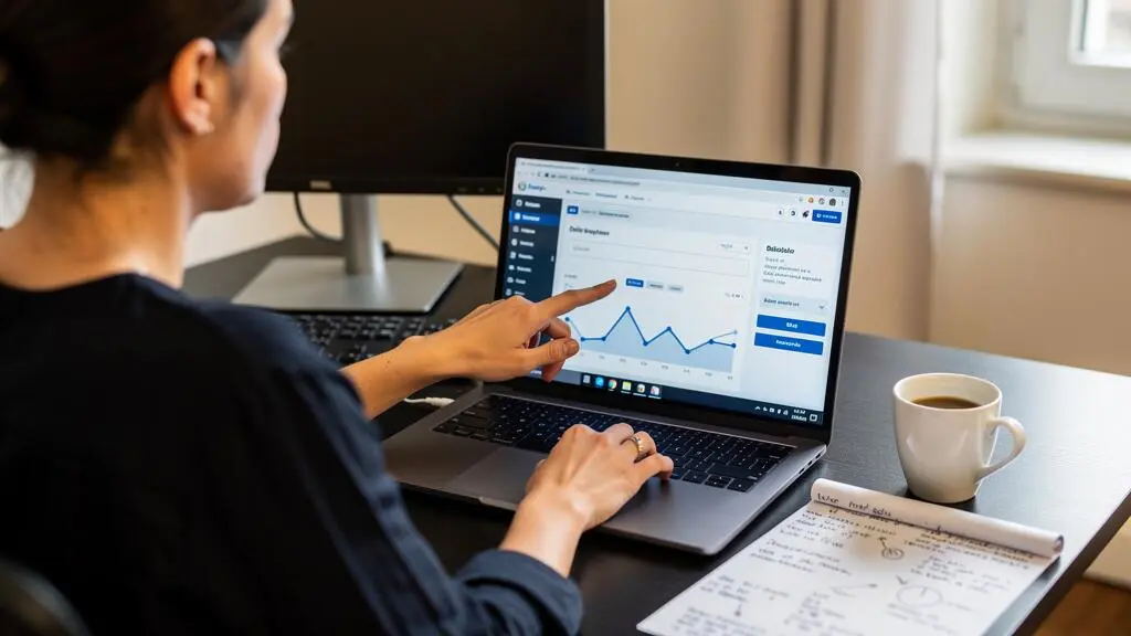 Une gestionnaire de campagnes ajuste le budget quotidien d'un compte de publicité en ligne sur son ordinateur portable dans un bureau.