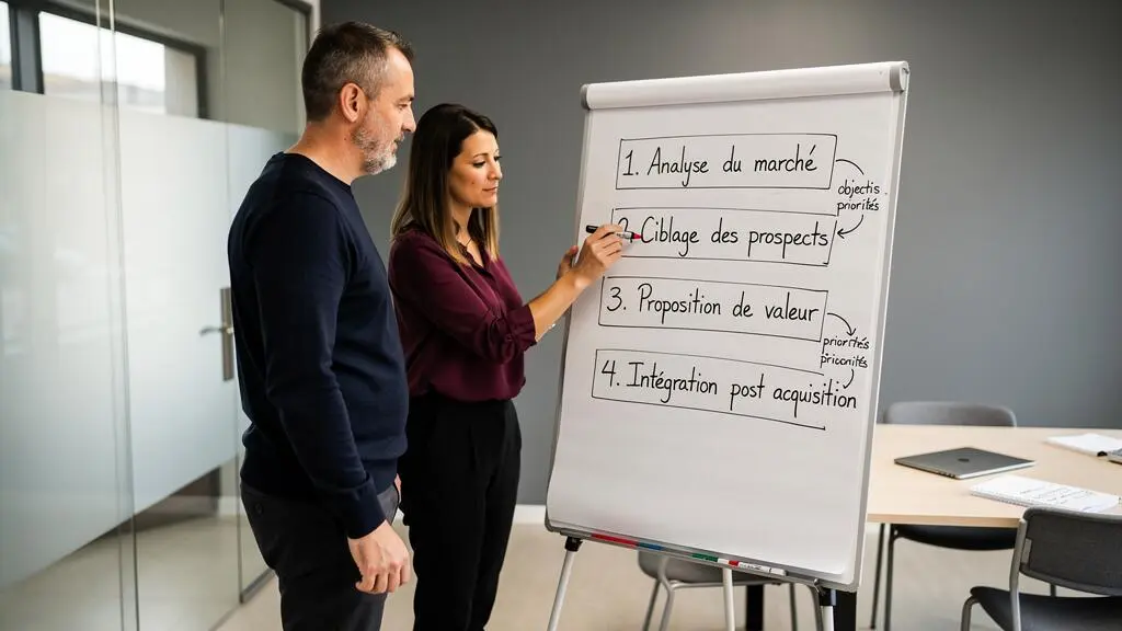 Un directeur marketing et une collaboratrice élaborent un plan en quatre étapes sur un tableau blanc lors d'une réunion d'agence.