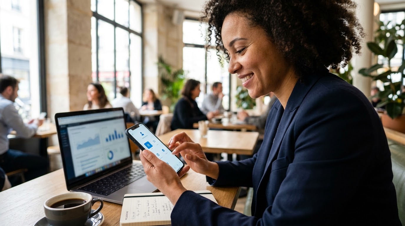 Gros plan sur des mains utilisant une application mobile fraîchement installée, à une table de café.